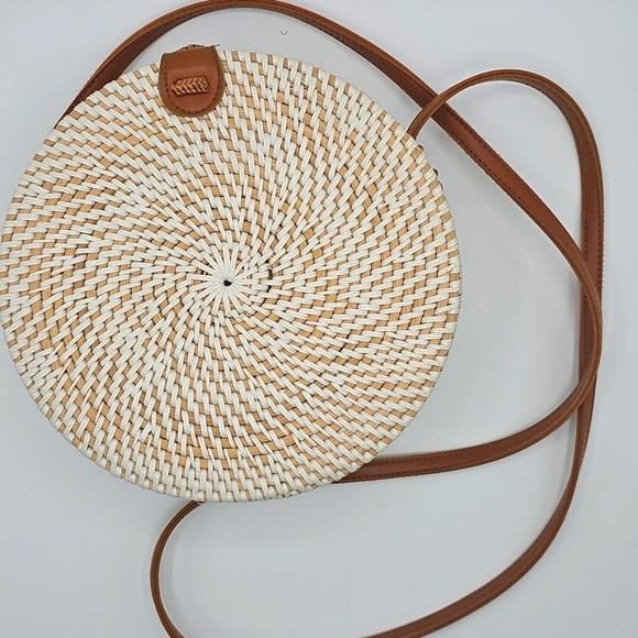 Round Woven Bag with Tan Strap - Picture 2 of 10